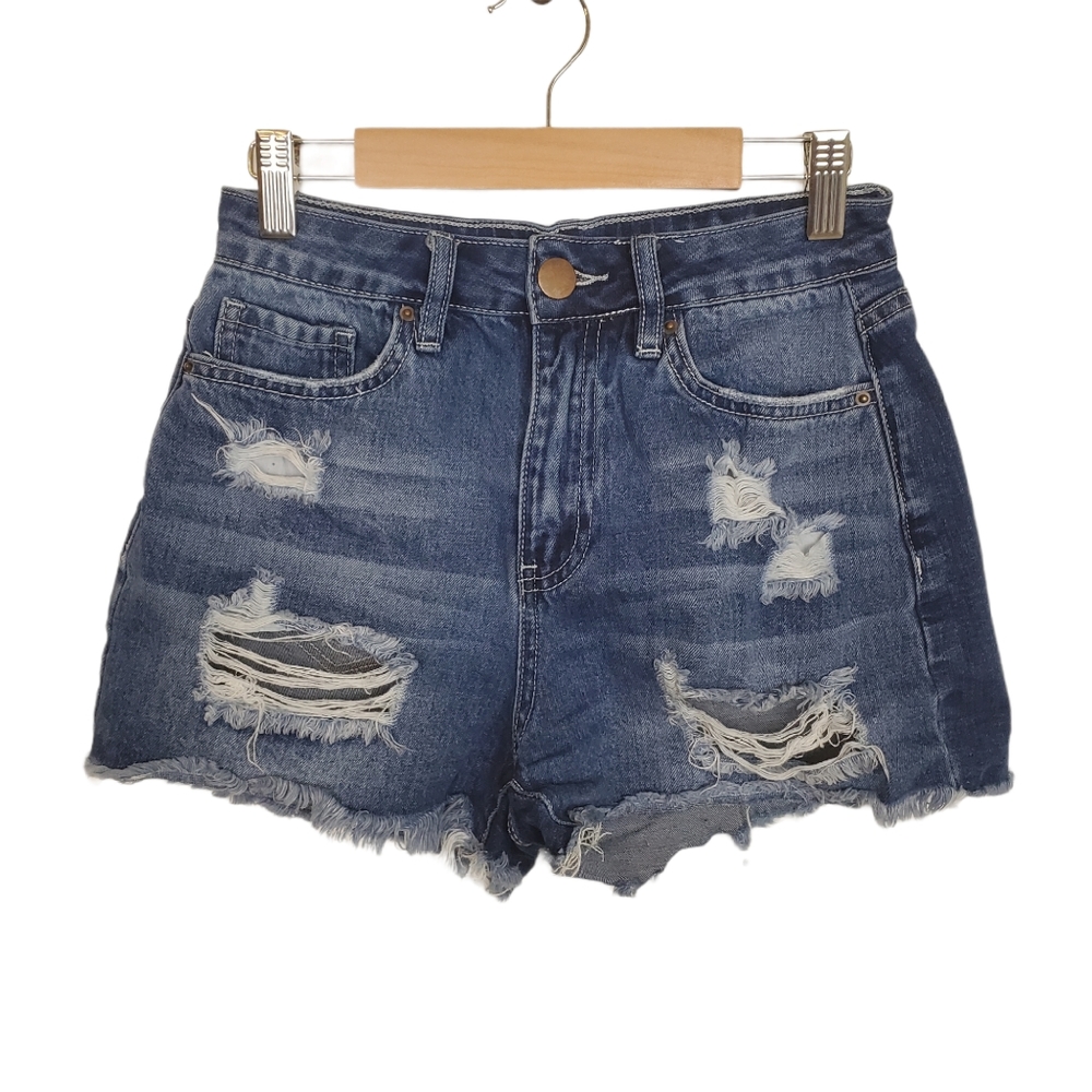 FASHION NOVA | DISTRESSED RIPPED MEDIUM WASH BLUE DENIM JEAN SHORT SHORTS SIZE 1